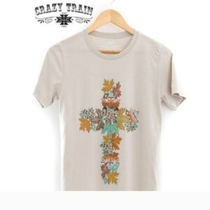 Crazy Train Tan T-Shirt with Leaf Cross Design
